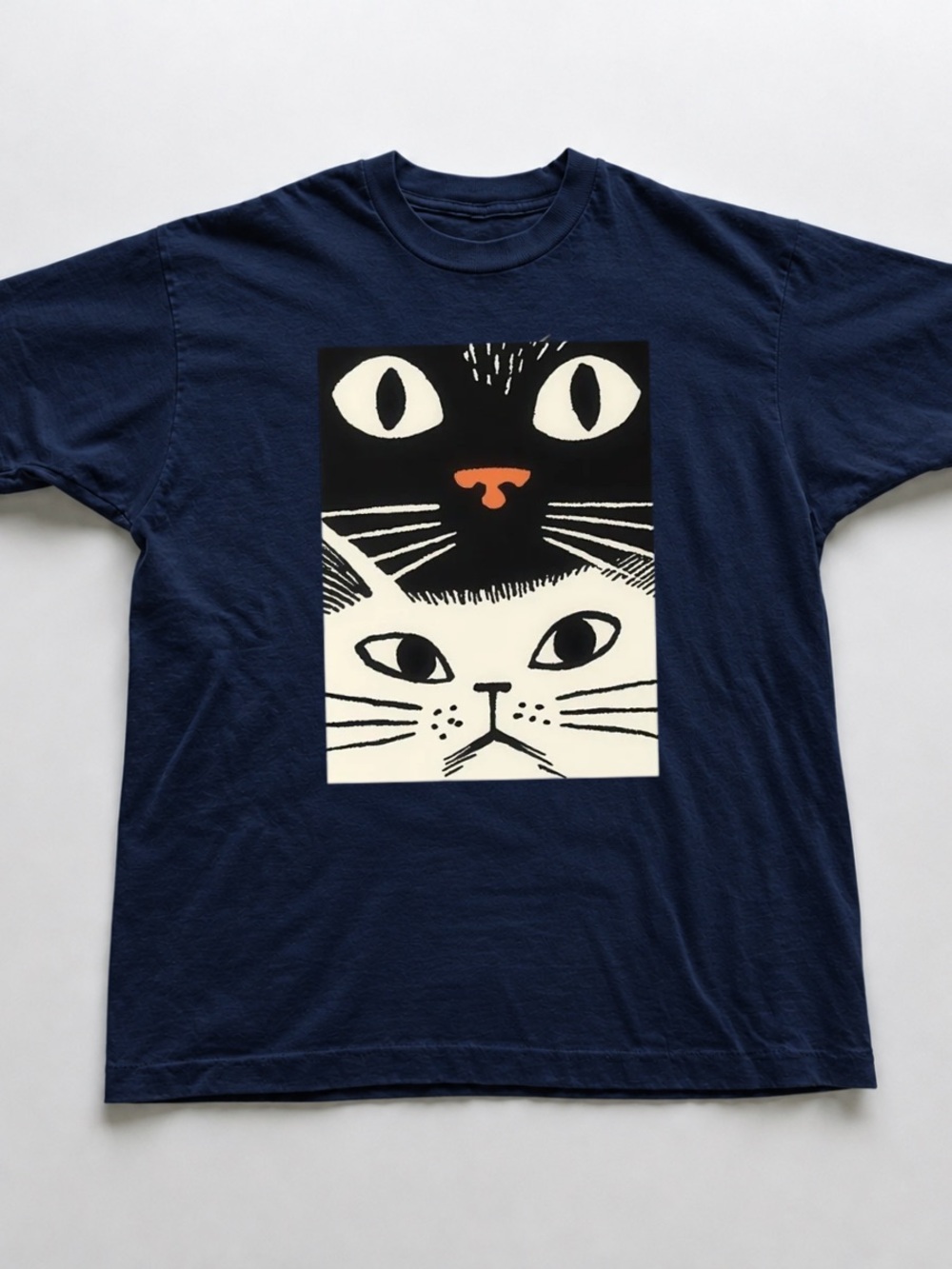 Navy Short-Sleeve Tee with Black, Cream & Orange Cat Graphic